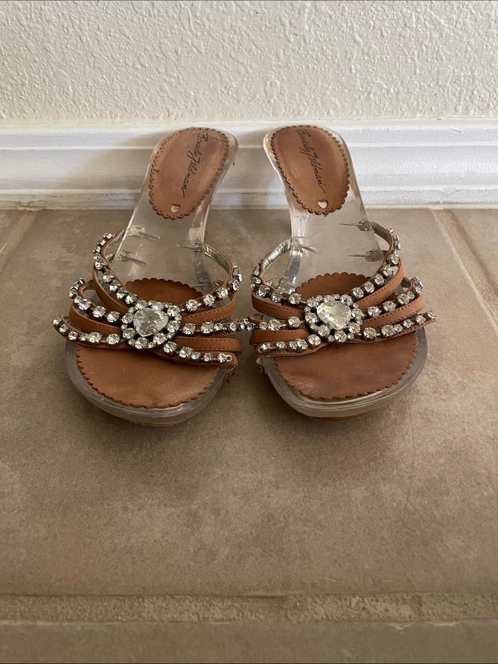 Beverly Feldman Tan Clear Slide Sandals with Rhinestones